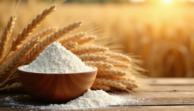 Wooden bowl full of white flour sits next to golden wheat stalks. Natural ingredients for baking in warm sunlight. Rural farm harvest. Fresh grain, organic food.