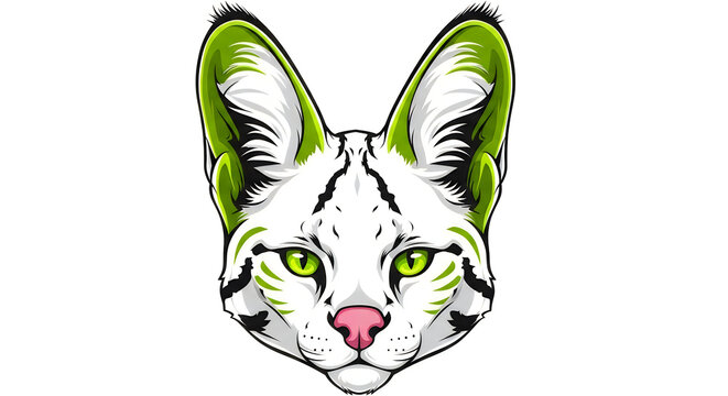 Illustration of a green-eyed, green-eared cat with a pink nose and striped fur