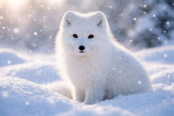 Obraz premium Arctic fox sitting in snow during winter snowfall moment
