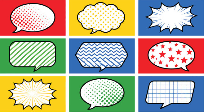 Pop art speech bubbles set, 9 comic book thought balloons with halftone dots and stars, colorful vector chat icons