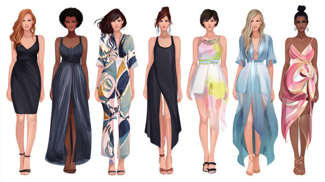 Showcase of six different fashion styles worn by women including dresses trousers skirts and beachwear in a stylish lineup.