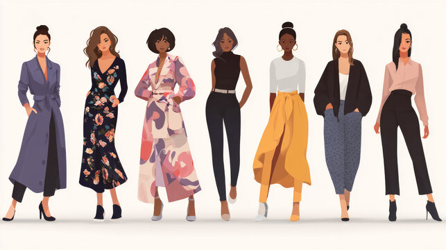 Showcase of six different fashion styles worn by women including dresses trousers skirts and beachwear in a stylish lineup.