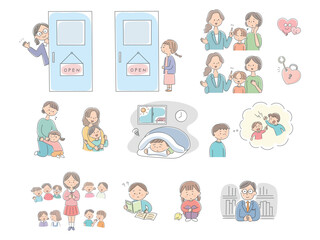 Fototapeta premium スクールカウンセラーと悩む子どもたちのイラストセット