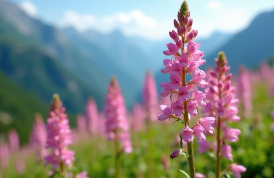 Close up of pink willowherb flowers blooming in mountain meadow on sunny day. Gentle pastel colors, natural background, peaceful nature scene. Soft focus on distant peaks and blue sky.