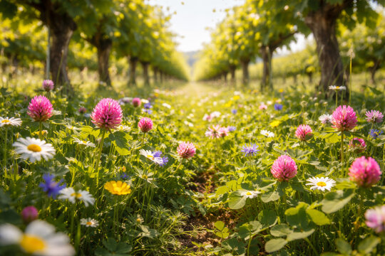 Colorful wildflowers blooming in sunny vineyard landscape