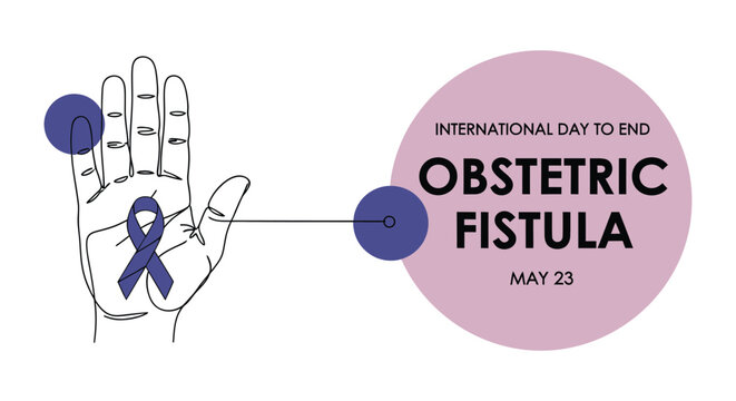 Obstetric fistula awareness hand with ribbon and informational oval