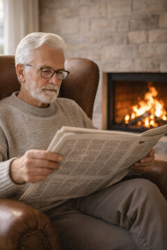 Senior man reading newspaper by cozy fireplace in living room