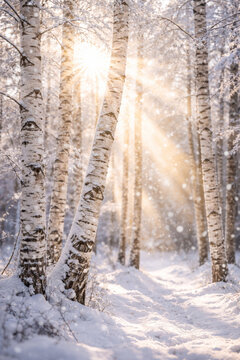 Serene winter landscape with sunlight filtering through birch trees