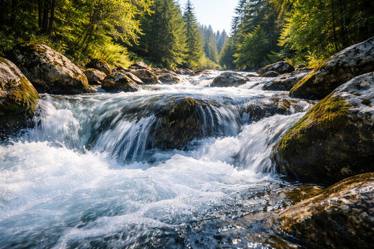 Serene river flowing through lush forest with rocky banks