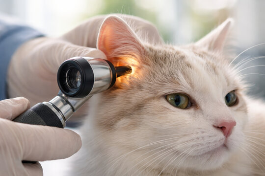 Veterinarian examining a cat's ear with an otoscope device