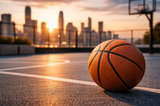 Basketball on court with skyline at sunset in background
