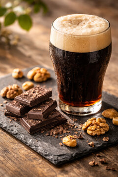 Glass of dark beer alongside chocolate and nuts on slate board