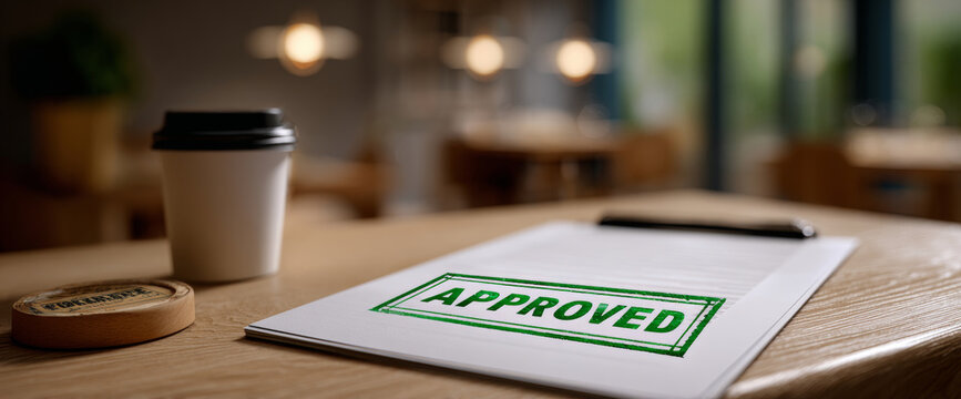 Close-up of clipboard with approved stamp on document and coffee cup on wooden table in cozy environment