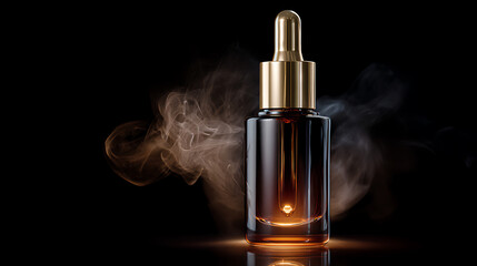 Fototapeta premium Elegant Dropper Bottle with Golden Liquid and Soft Smoke on Black Background - Skincare, Cosmetic, and Health Product Photography