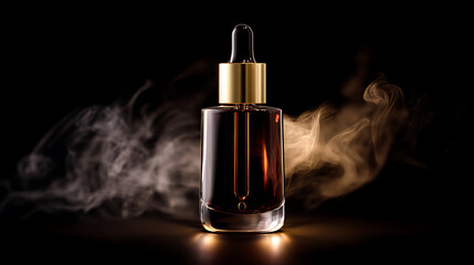 Naklejka premium Elegant Dropper Bottle with Golden Cap and Amber Liquid Amidst Swirling Smoke on Black Background - Premium Skincare Beauty Product Mockup