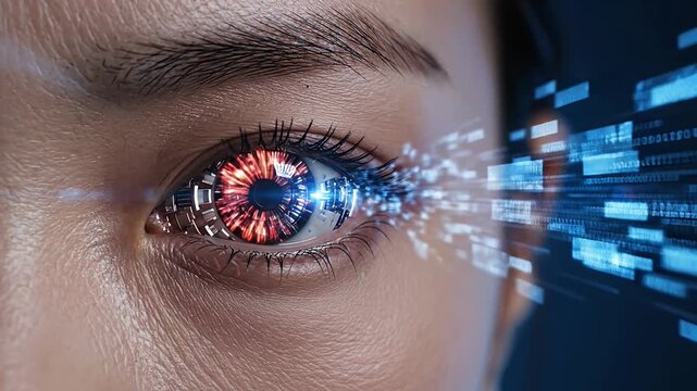 Cybernetic eye with glowing blue light and digital interface