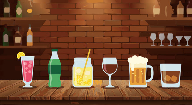 A vibrant vector illustration showcasing a diverse assortment of refreshing drinks and beverages displayed on a wooden bar counter with a brick wall backdrop