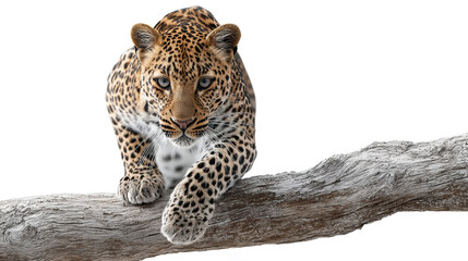 Naklejka premium Leopard stalking forward on weathered tree branch isolated on transparent background