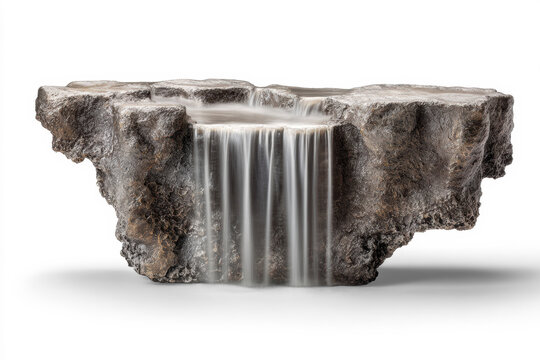 Isolated rocky cliff slab with silky waterfall stream flowing over edge on transparent background