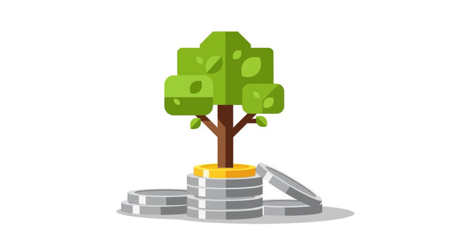 Green tree growing on coin stack.