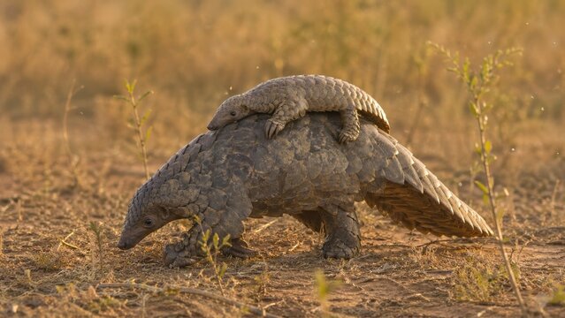 Mother pangolin carrying baby in grassland, endangered wildlife parenting concept