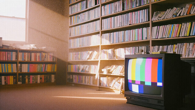 Vintage TV with test pattern in library