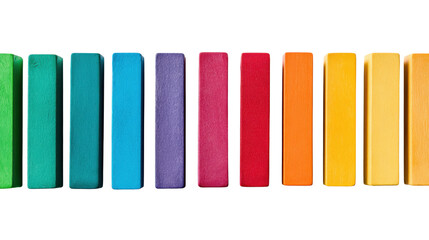 Obraz premium Row of colorful wooden blocks in rainbow gradient isolated with soft shadow and copy space