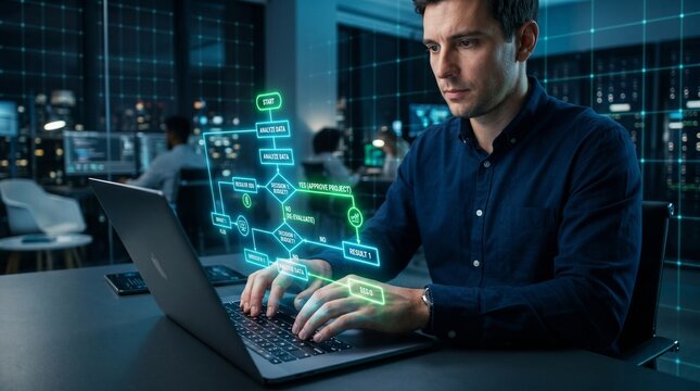 Decision tree analysis. Decision support for risk management. Businessperson using laptop computer to analyze strategy.