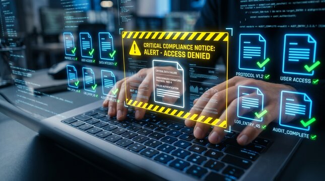 Problematic document and reject file. Error notification on approval system. Businessman using laptop computer to submit documents to compliance verification