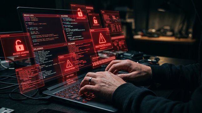 Hacking and system intrusion. Unauthorized access and account takeover. Unlocked padlock icons. Hacker using laptop computer to steal data.