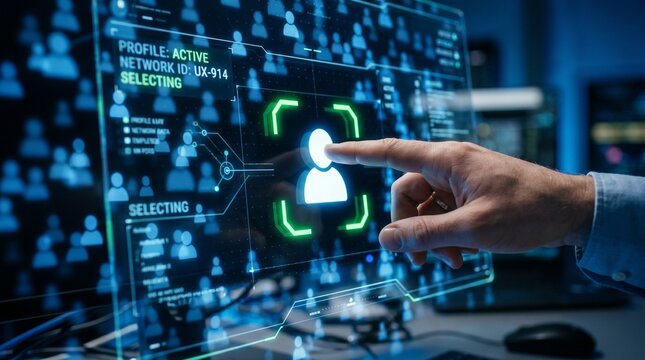 Targeting and personalization of customer communication. Marketing automation system. Marketer tapping a customer icon.