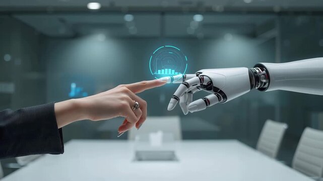 会議室で日本人ビジネス女性の手がロボットと協業のタッチを交わす