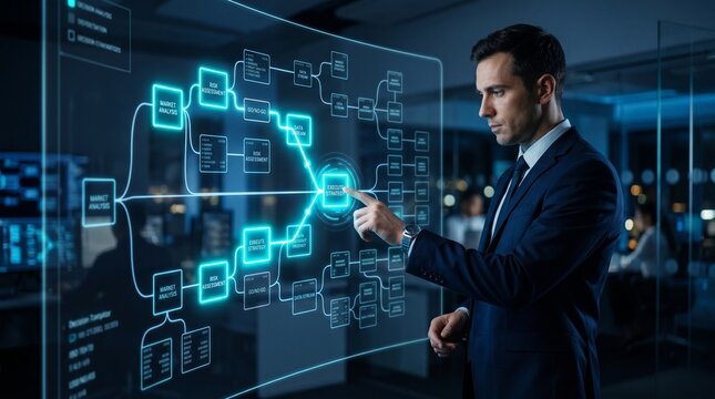 Decision tree diagram. Scenario analysis and strategic planning. AI and machine learning algorithms. Businessperson tapping the diagram.