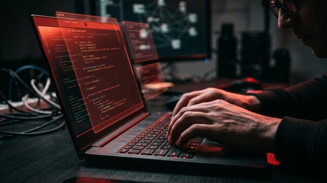 Hackers exploit vulnerabilities in source code to launch cyberattacks. Hacking and cybercrime concept.