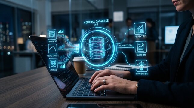 Data warehouse. Integrated database for business data analysis. Businessman leveraging business intelligence on laptop computer.