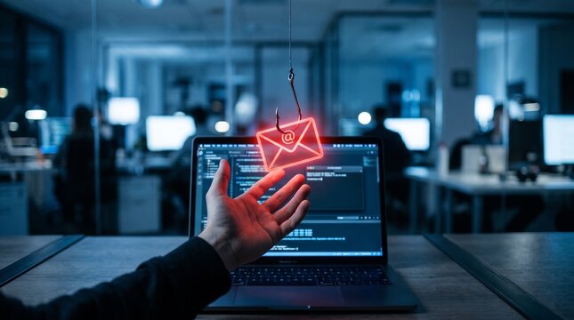 Phishing attack and scam email. Man falling victim to phishing. Spoofing and fraudulent messages arrives on laptop computer.