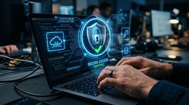 Secure data protection and network security systems. VPN connections and zero trust security. Man using laptop computer with an encrypted data security