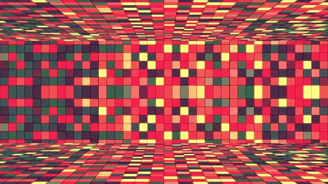 Abstract 3D perspective walls for title backdrop. glowing square tiles. Dynamic retro-futuristic grid background for VJ loops disco animation