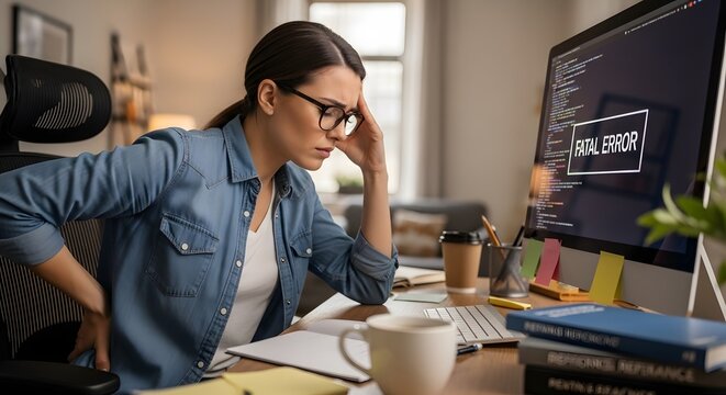 Stressed Woman Programmer with Fatal Error on Computer Screen and Back Pain in Home Office