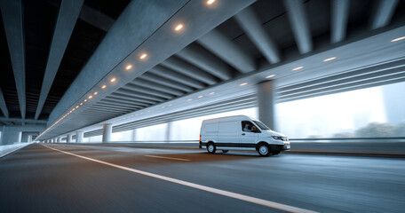 Obraz premium White delivery van driving fast under modern urban highway overpass with concrete pillars and ceiling lights