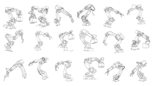 Industrial Robotic Arm Technical Drawing and Mechanical Engineering Automation Line Art Illustration Set