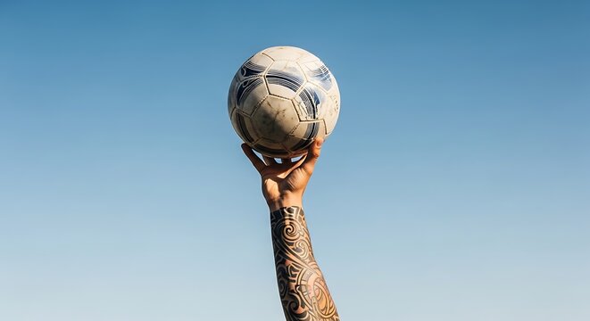 A tattooed arm proudly holds a worn soccer ball against a clear blue sky. soccer fan celebrate victory in 2026 soccer world championship tournament.
