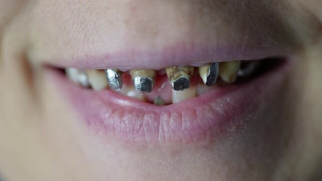 Close-up of smiling mouth with dental implants. Extreme close-up of a smiling mouth showing dental implant posts ready for crown placement, highlighting implantology and restorative dentistry