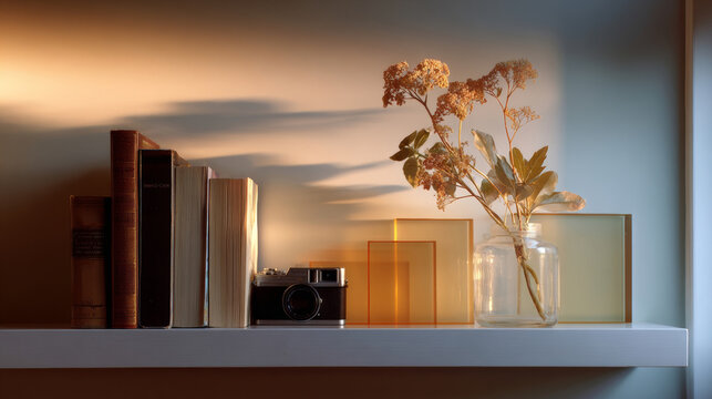 Still life composition with vintage books, old camera, dried flowers in glass jar, and translucent colored panels on white shelf