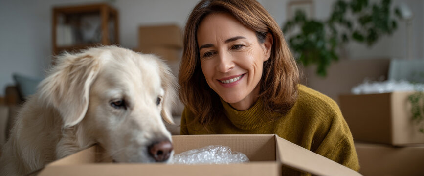 Smiling woman and golden retriever dog exploring cardboard box together in cozy home environment with plants and shelves