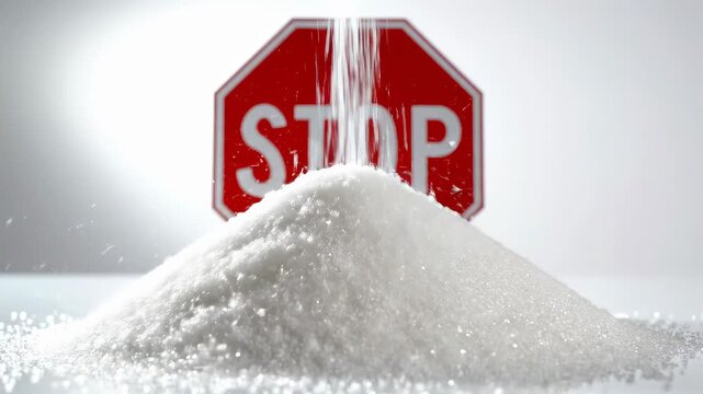 Stop sign partially covered by snow in cold winter environment with minimal background. Concept of weather, winter, caution, safety, seasonal conditions.