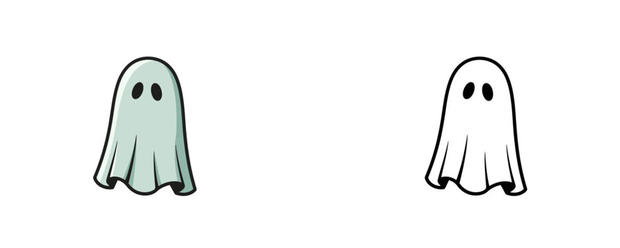 Scary ghost illustrations in flat cartoon and black line styles white and light blue tones representing halloween character spooky atmosphere or horror theme