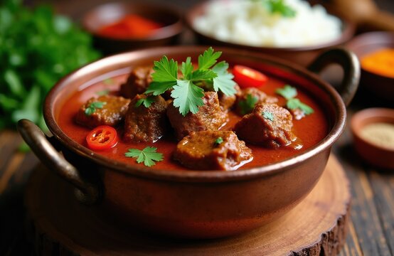Bowl of spicy Indian Rogan Josh curry with tender lamb chunks in rich red sauce. Garnished with fresh parsley and chili slices, served with rice.