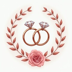 Two diamond engagement rings intertwined within a rose and leaf wreath. Romantic symbol for marriage, union, and everlasting love. Elegant design for wedding invitations or jewelry ads.