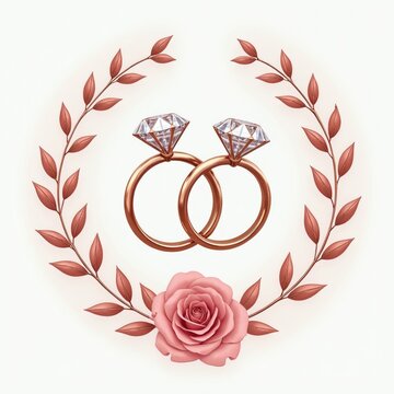 Two diamond engagement rings intertwined within a rose and leaf wreath. Romantic symbol for marriage, union, and everlasting love. Elegant design for wedding invitations or jewelry ads.
